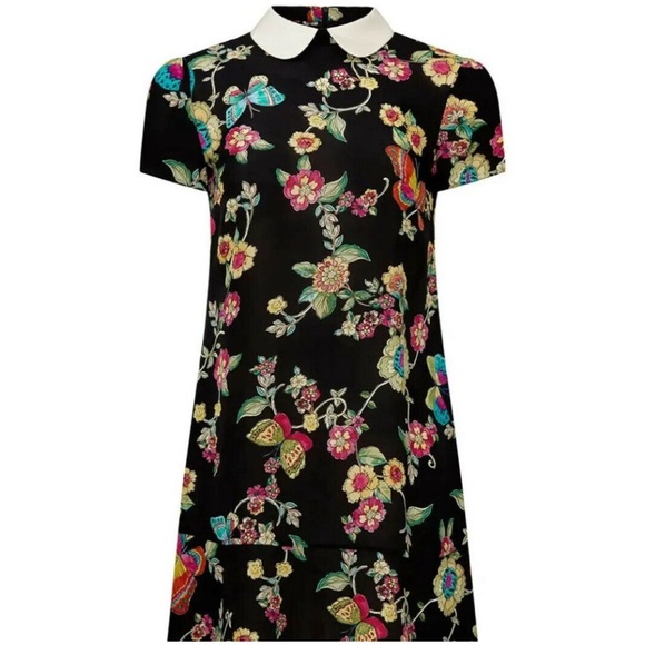 RED Valentino Black Abito Street Flower Butterfly Peter Pan Shift Mini Dress 10 - Picture 3 of 6